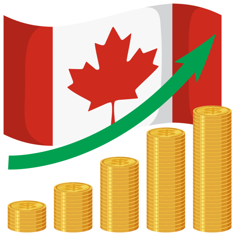 A picture illustration showing the Canadian flag and a rising money investment.