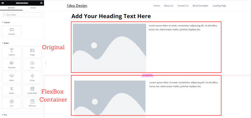 Elementor container with newer flexbox container