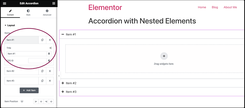 Screenshot of Elementor accordion with nested elements