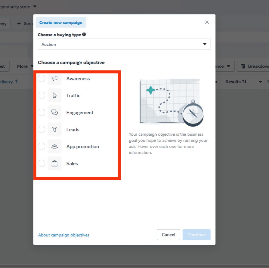 A screenshot showing facebook ads campaign objective