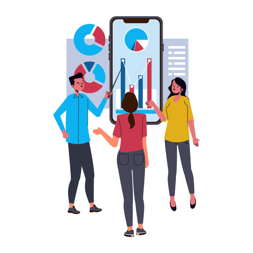 An illustration of three people analyzing Facebook ads cost 