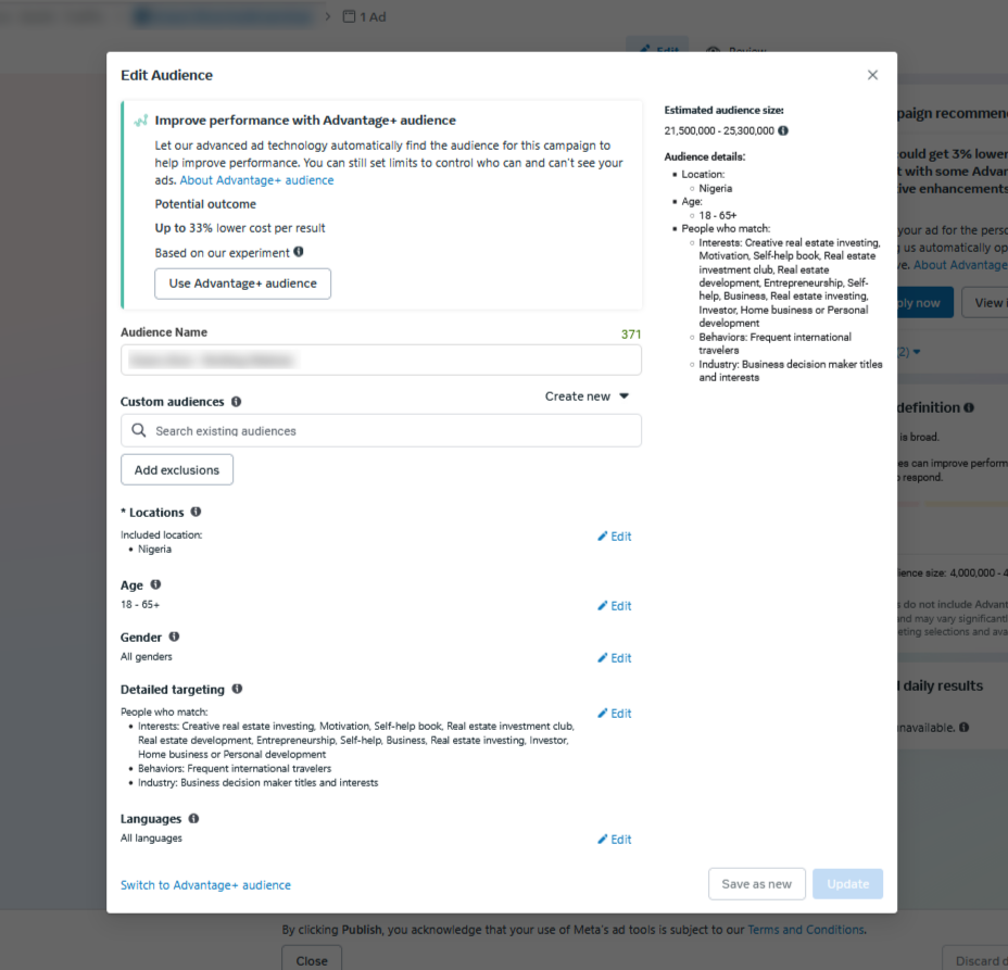 Screenshot of target audience segmentation in facebook ads