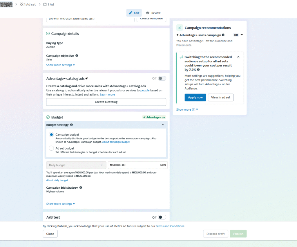 A screenshot showing budget allocation in facebook ads audit