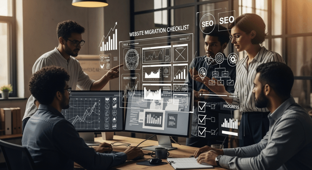 A picture of an SEO team going through website migration checklist
