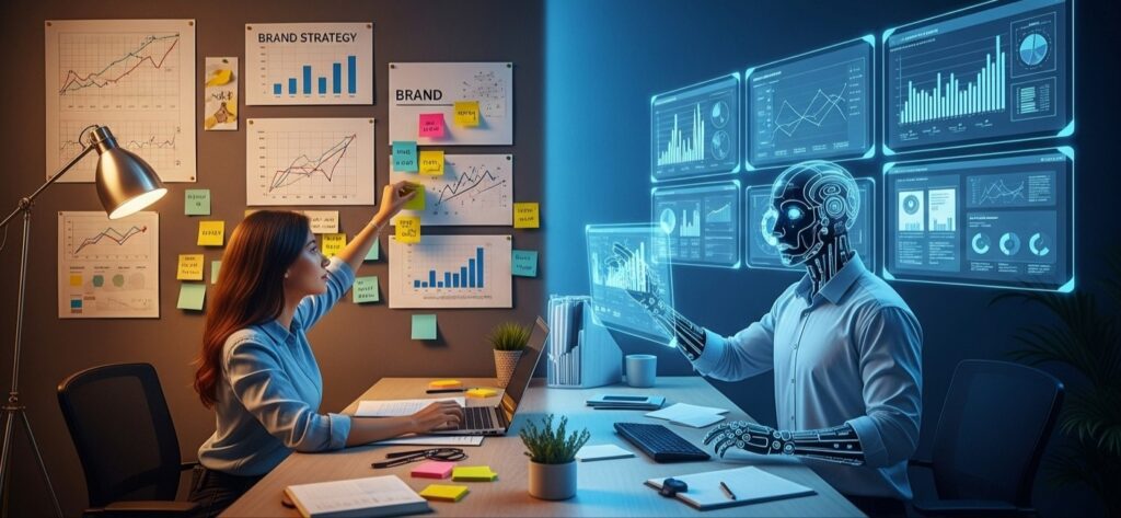 Picture of a side-by-side representation of a marketer and an AI working