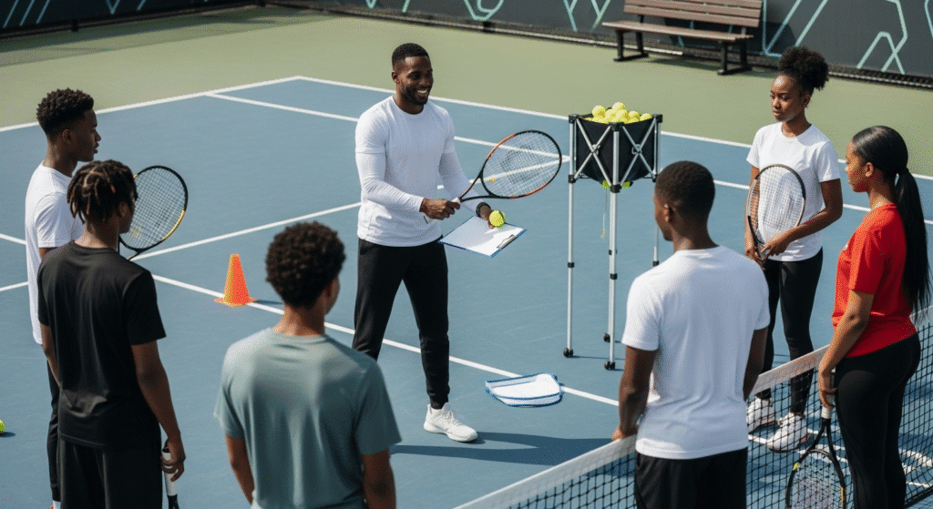 A tennis coach, teaching his students