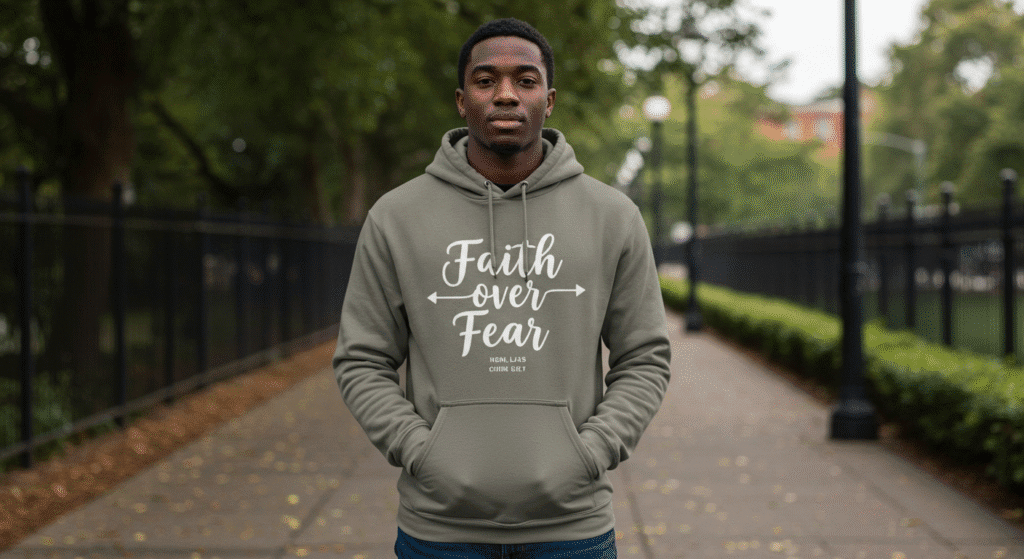 A man wearing a Christian hoodie with faith over fear 