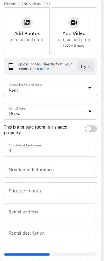 A screenshot of how a rental property  is being listed on a Facebook page