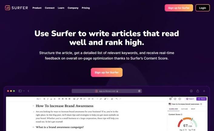 Surfer SEO homepage